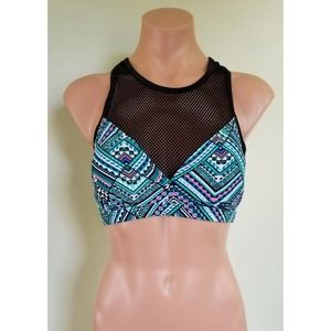 GO by Gossip mesh inset high neck teal black bikini top size M